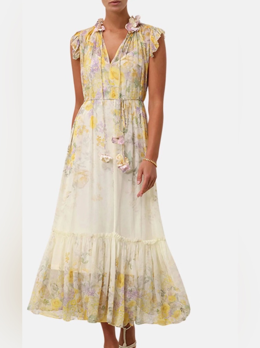 Zimmermann Harmony Yellow and Cream Flutter Dress Size 1